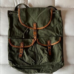 Aritzia Olive Green Canvas Backpack with Brown Accents